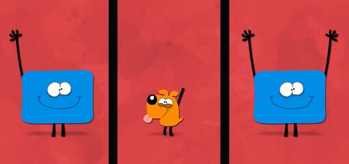 Schlaganfallhilfe des EvKB Bielefeld in Kooperation mit Ralph Ruthe: Zwei animierte blauen Figuren und ein animierter Hund in Orange heben Arme und Pfote hoch und lächeln dabei.